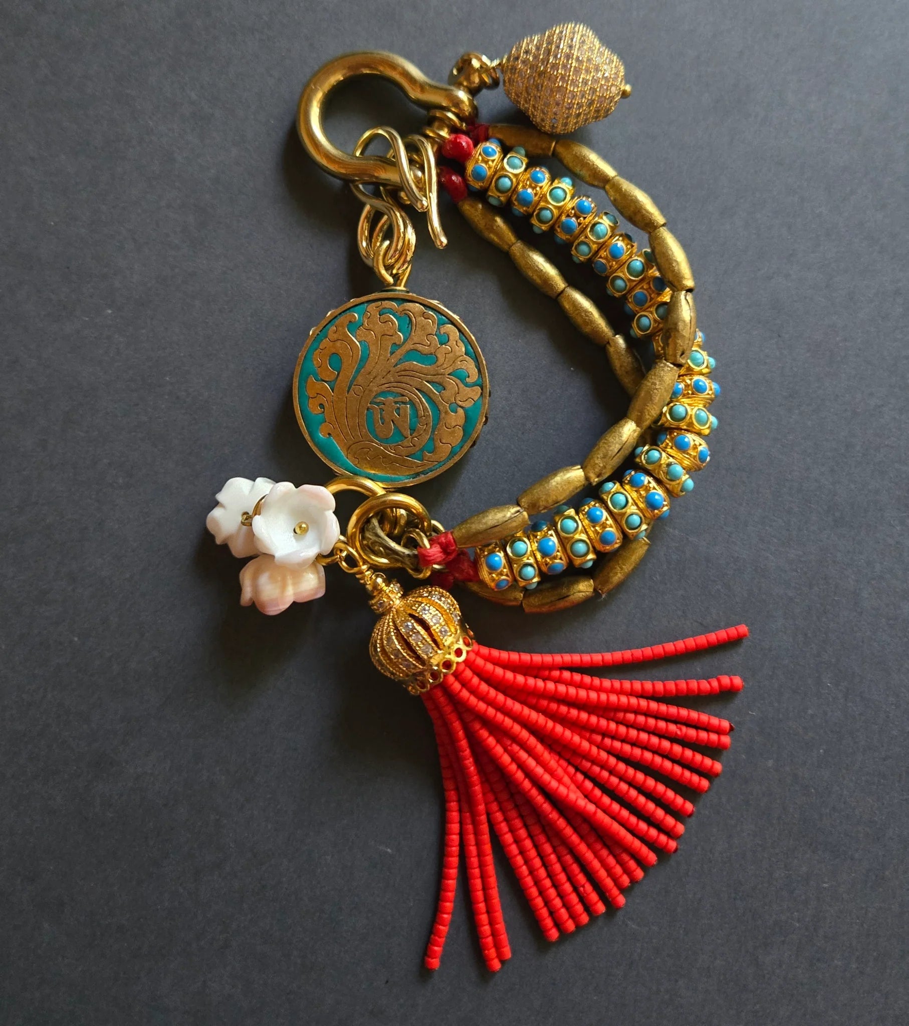 Red Afghan Tassel Brass & Beaded Bracelet - Box Turtle