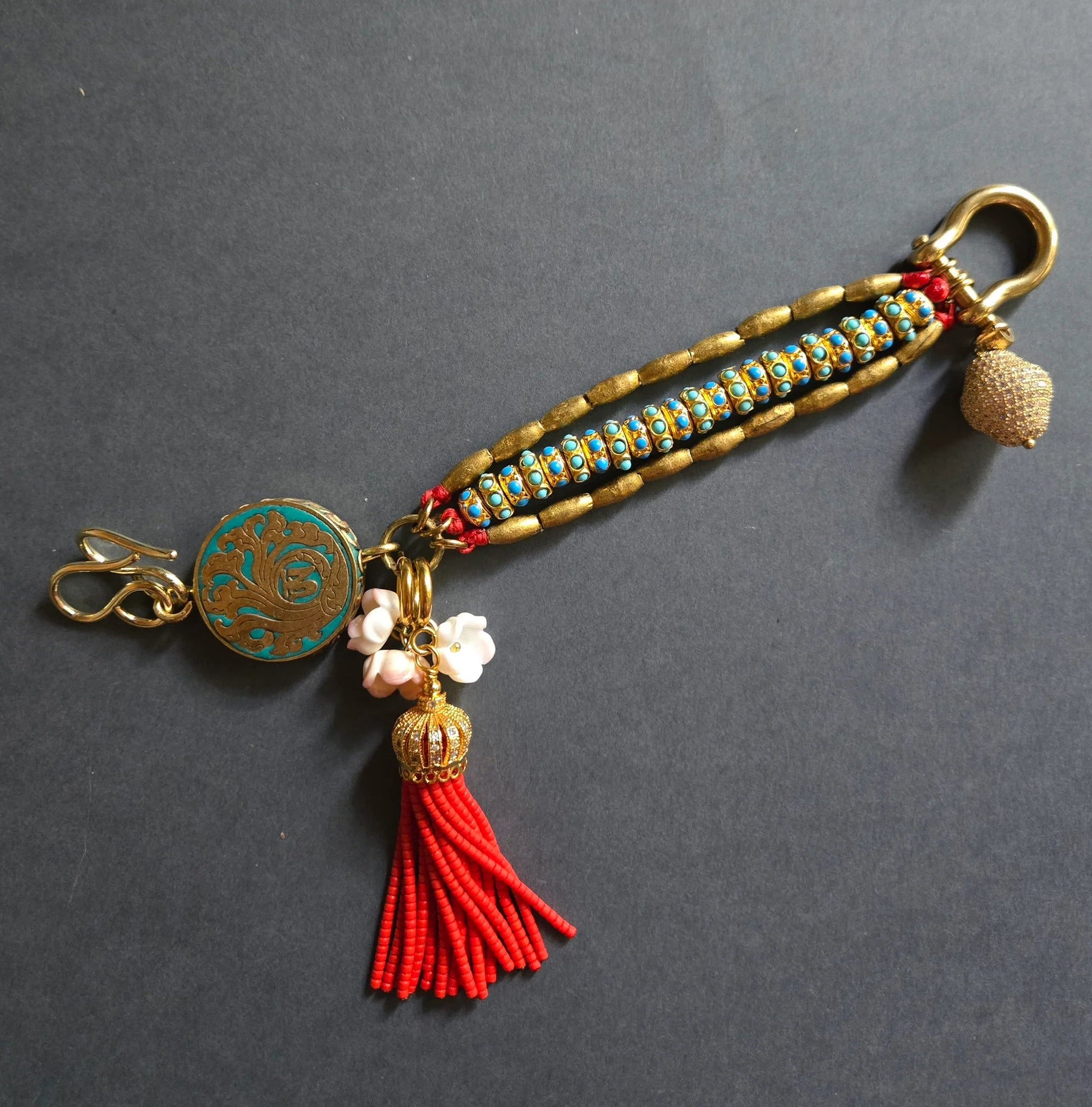 Red Afghan Tassel Brass & Beaded Bracelet - Box Turtle