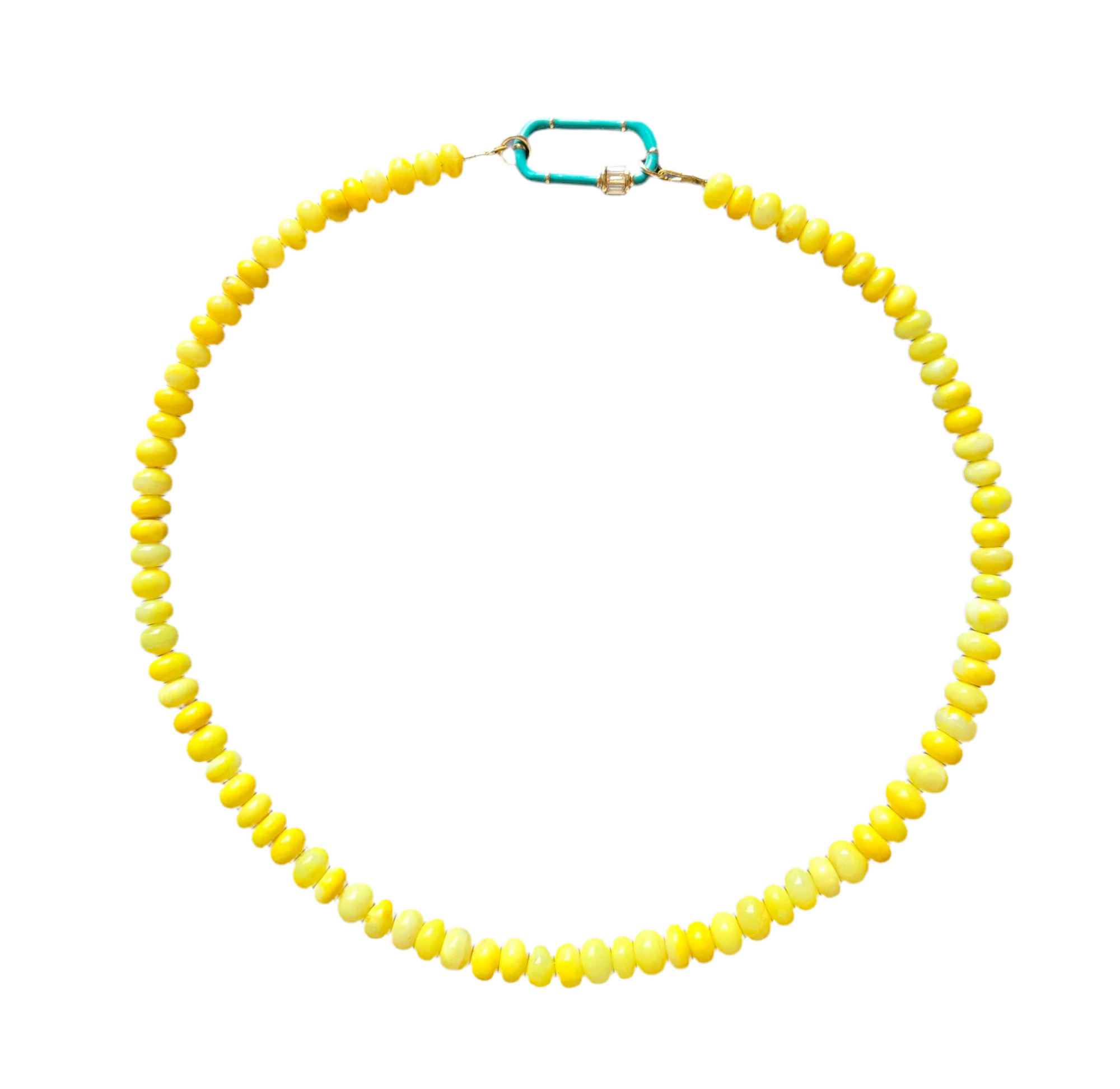Opal yellow beads with blue carabiner necklace