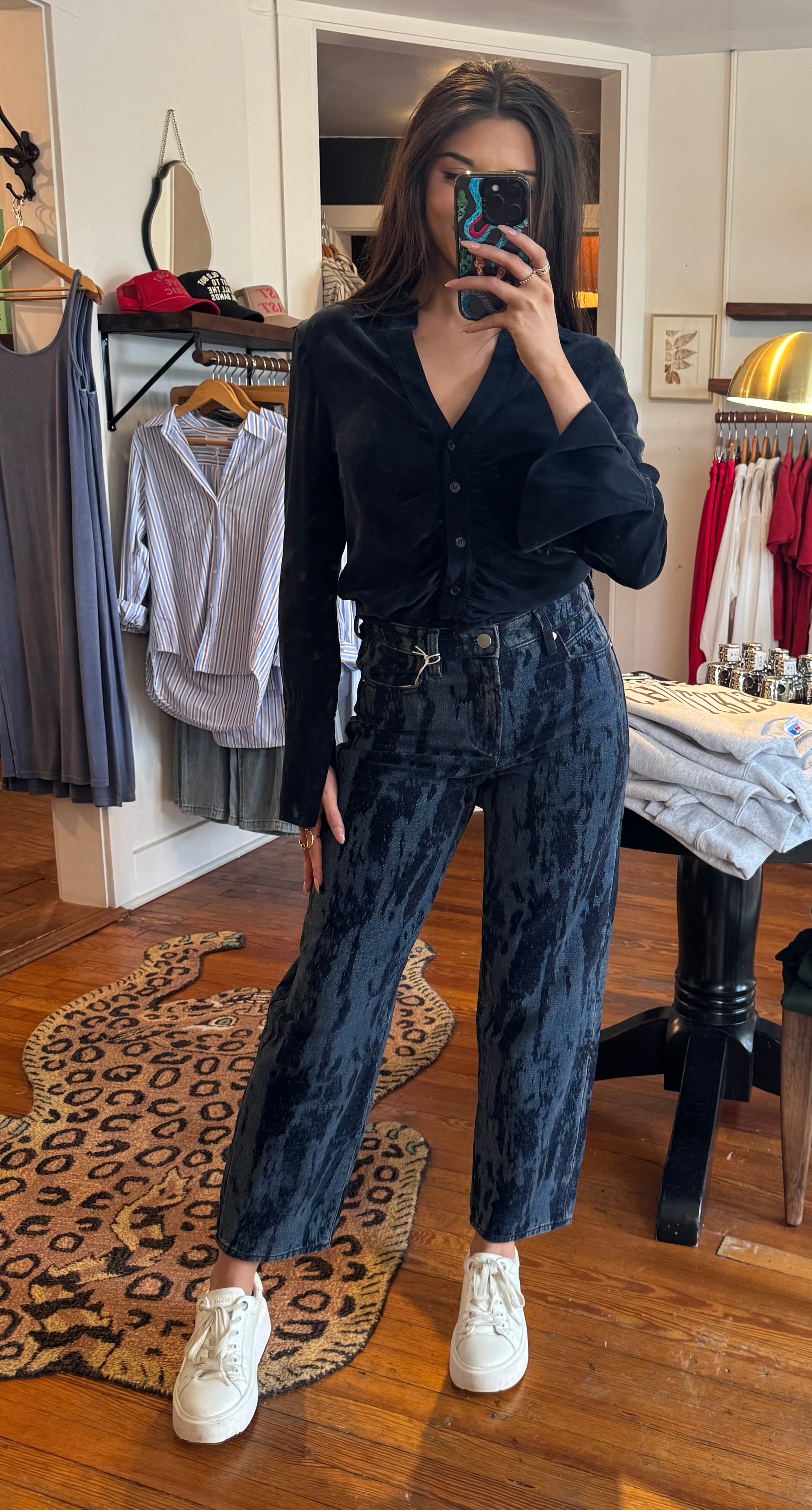 Navy Button Down Shirred Top
