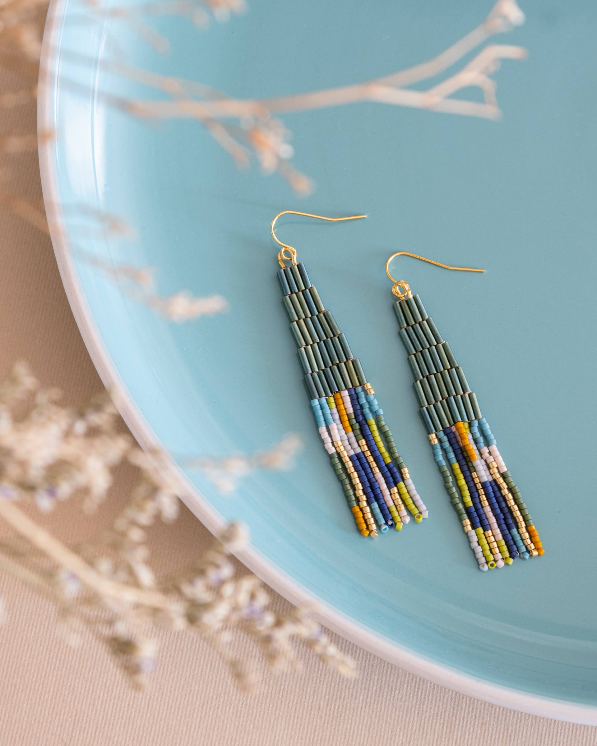 Beaded Handwoven Abstract Fringe Earrings - Emerald