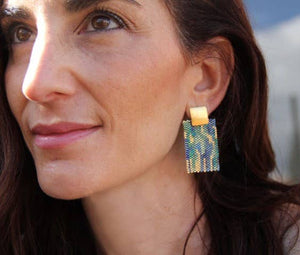 Emerald Beaded Watercolor Rectangle Earrings