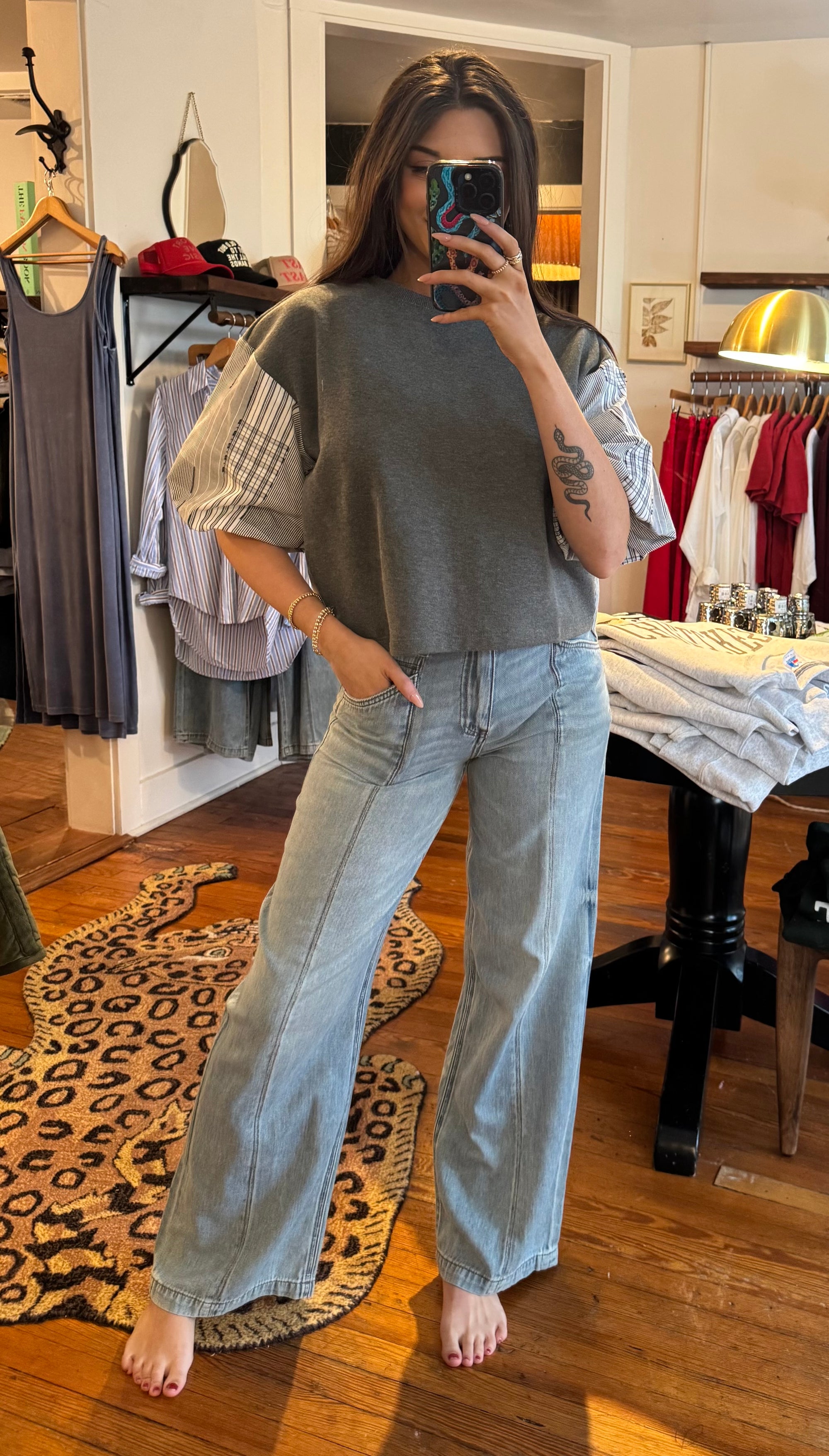 Grey Plaid Mixed Media Top