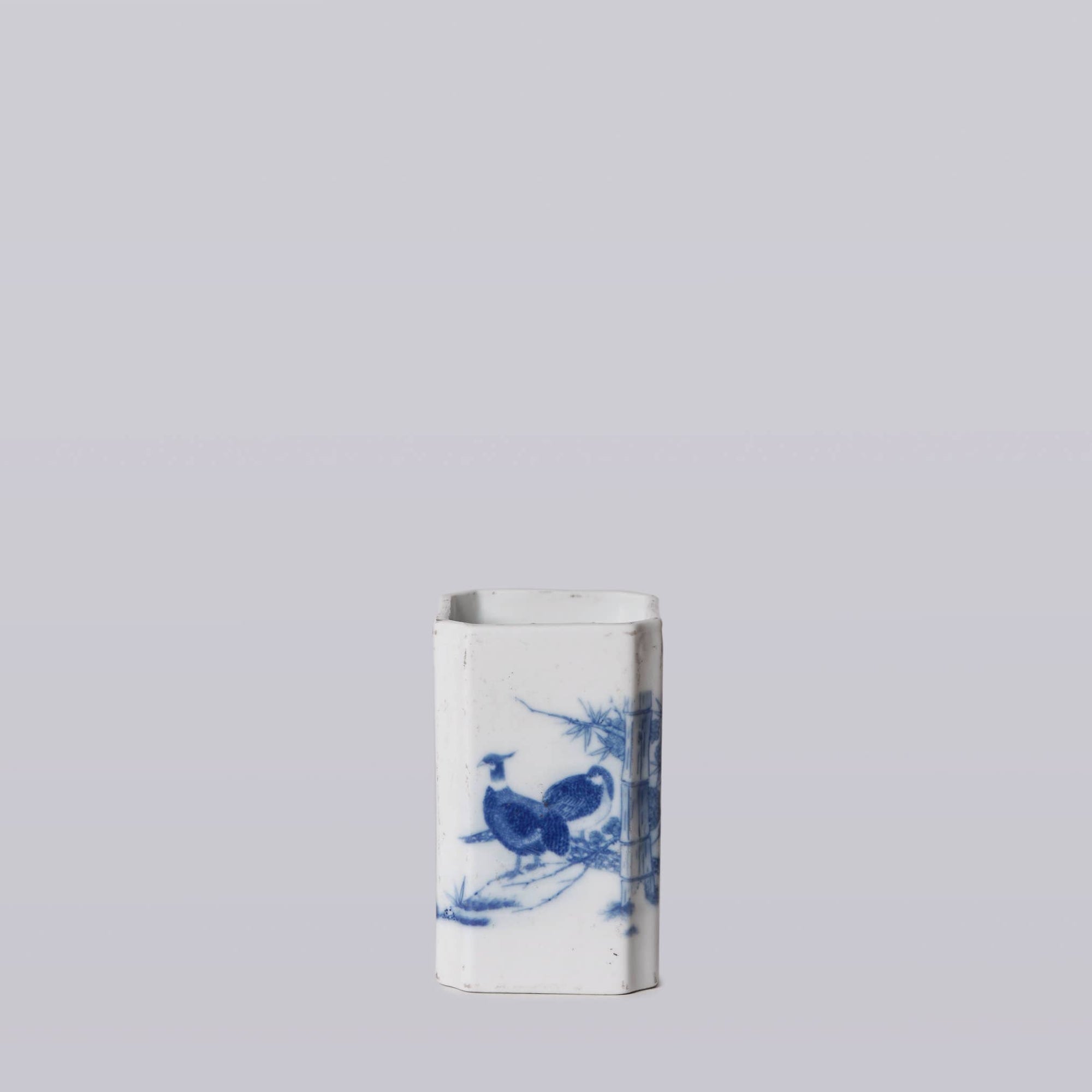 1920s Blue & White Porcelain Pheasant Square Vase - Box Turtle