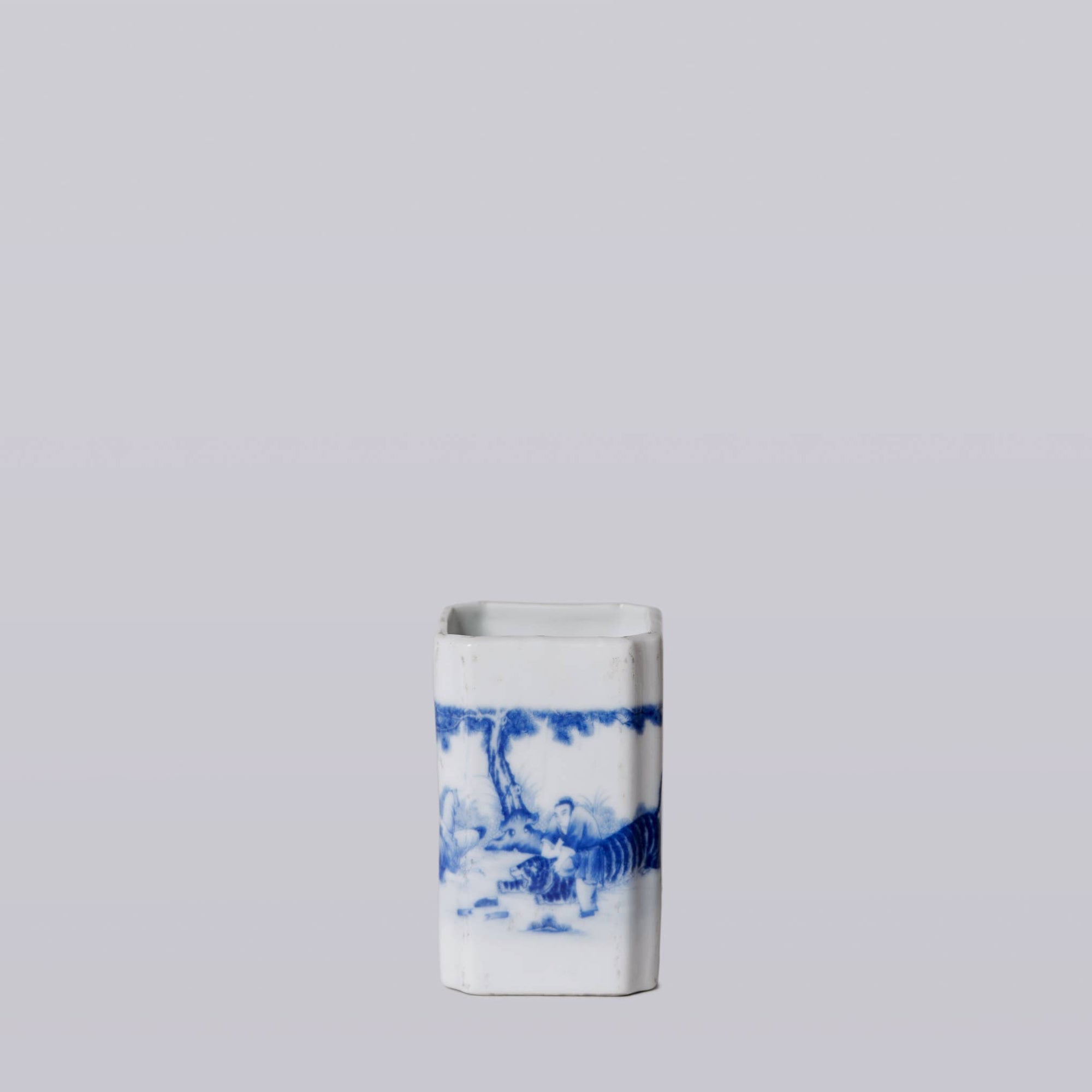 1920s Blue & White Porcelain Tiger Square Vase - Box Turtle