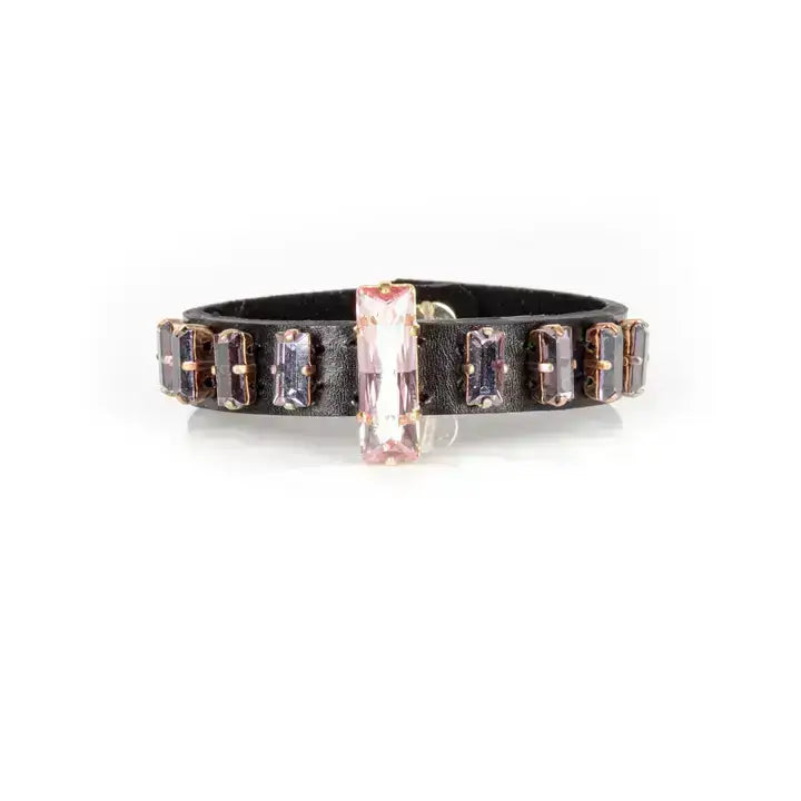 Handcrafted Black Leather Cuff with Blush Baguette Crystals