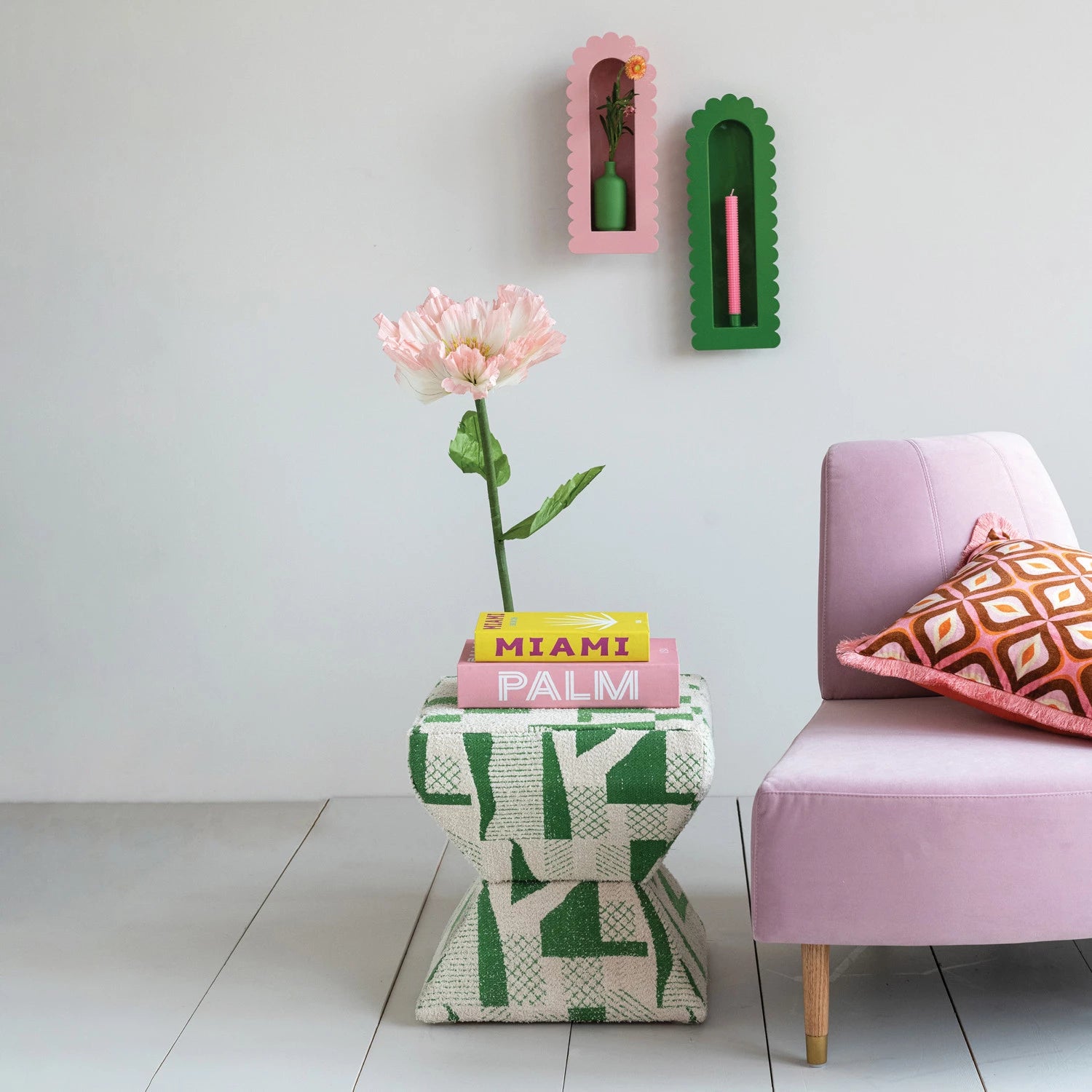 Green & White Upholstered Stool/Ottoman