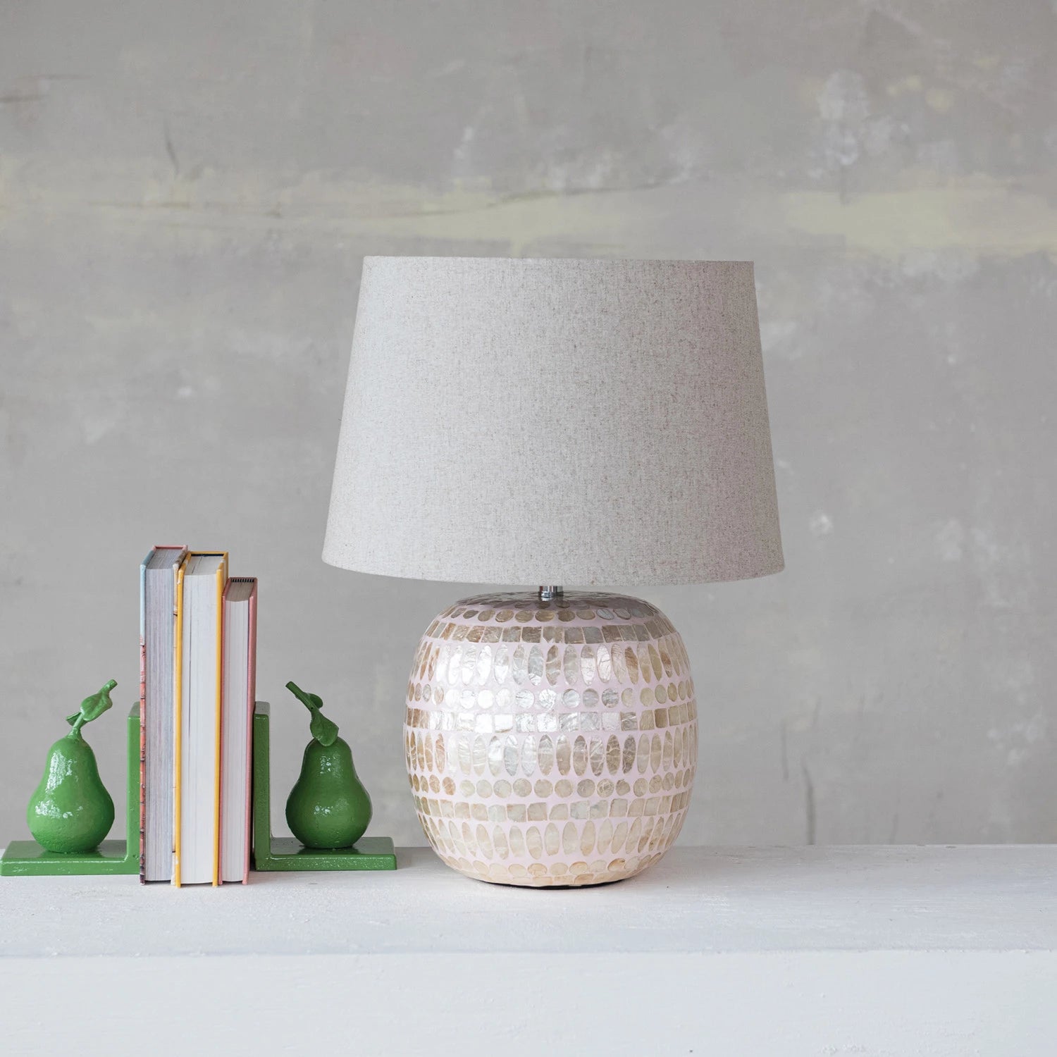 Light Pink Capiz Lamp with Linen Shade