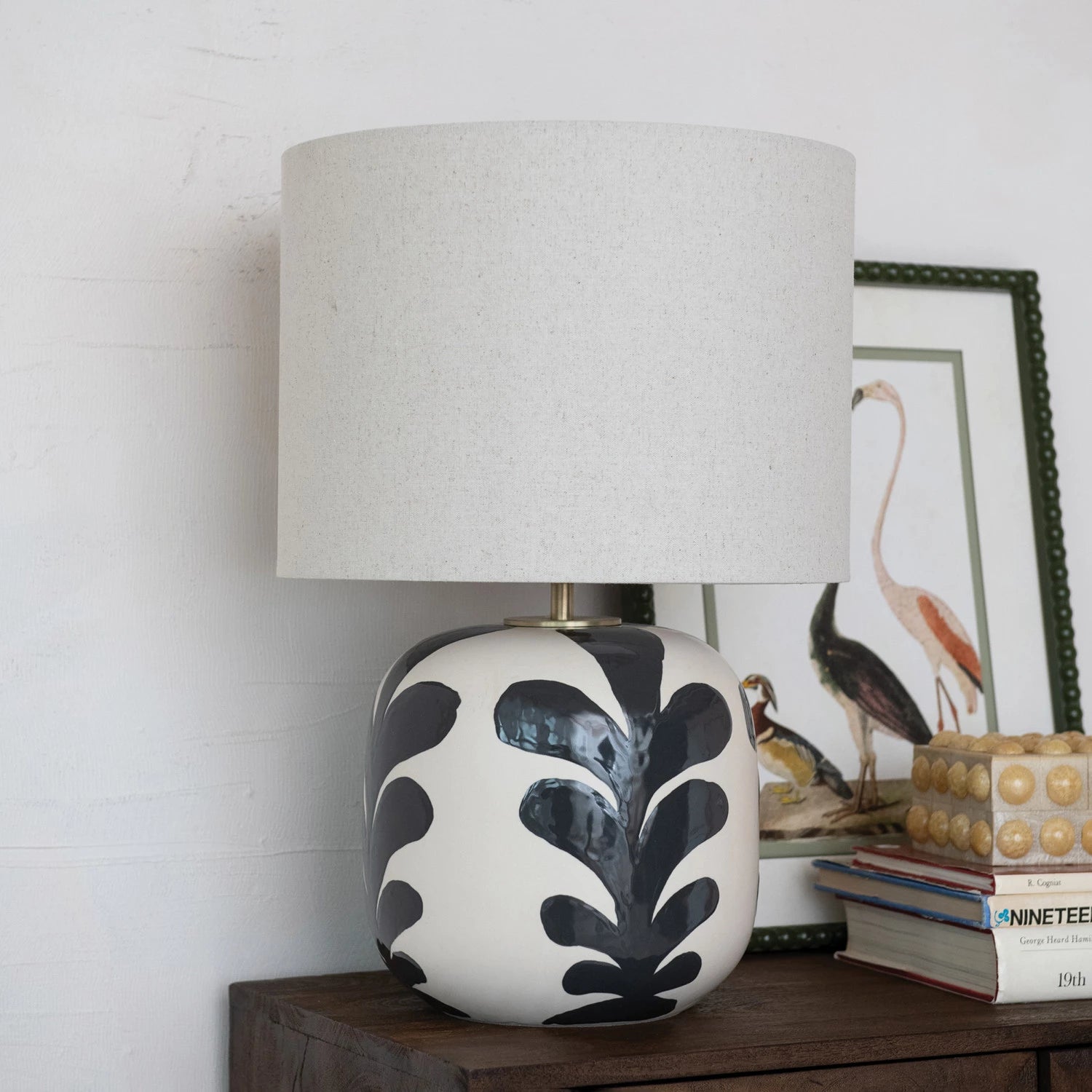 Black & Cream Abstract Lamp with Linen Shade