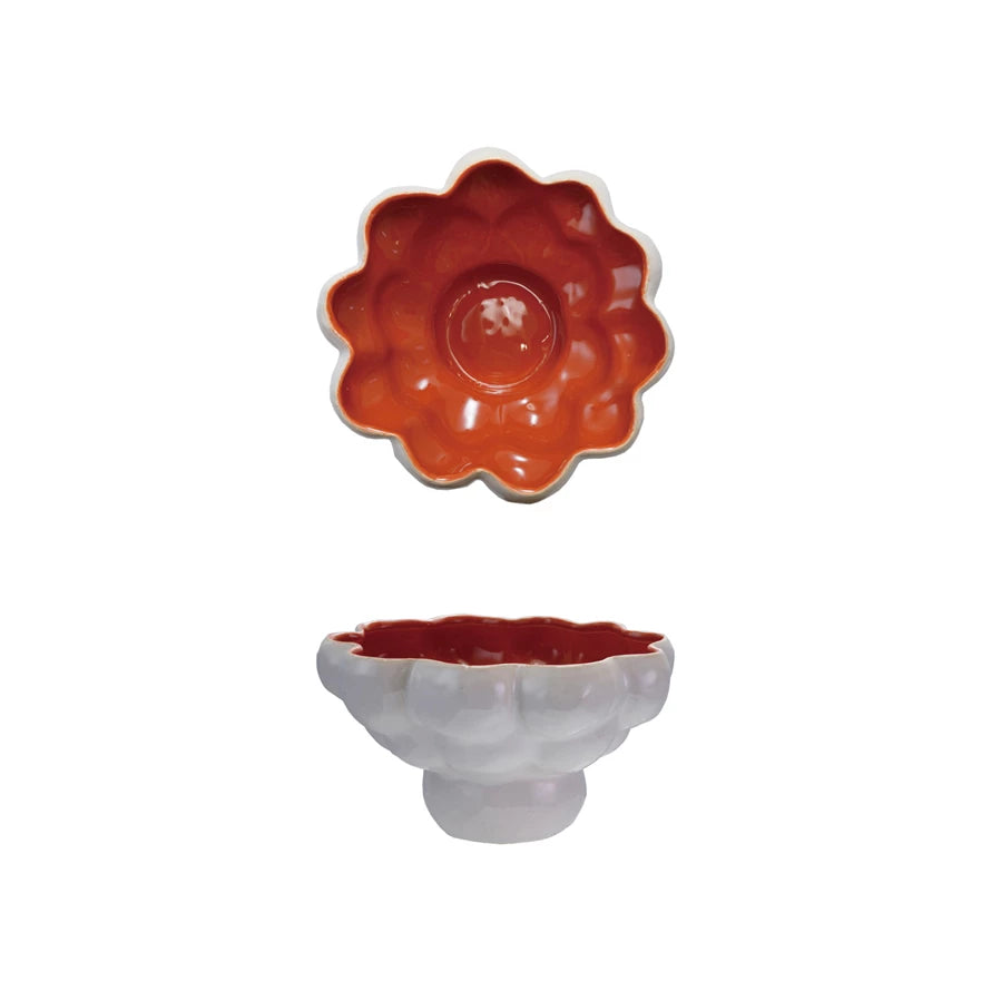 White & Burnt Orange Decorative Footed Bowl