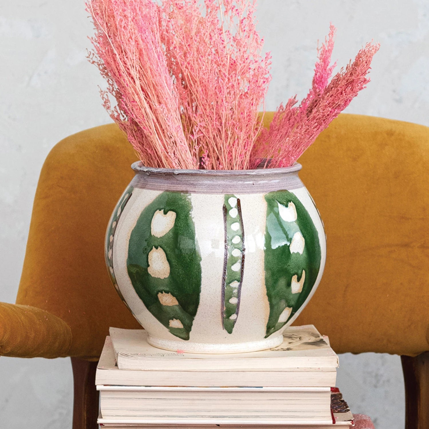 Green & Cream Round Stoneware Vase