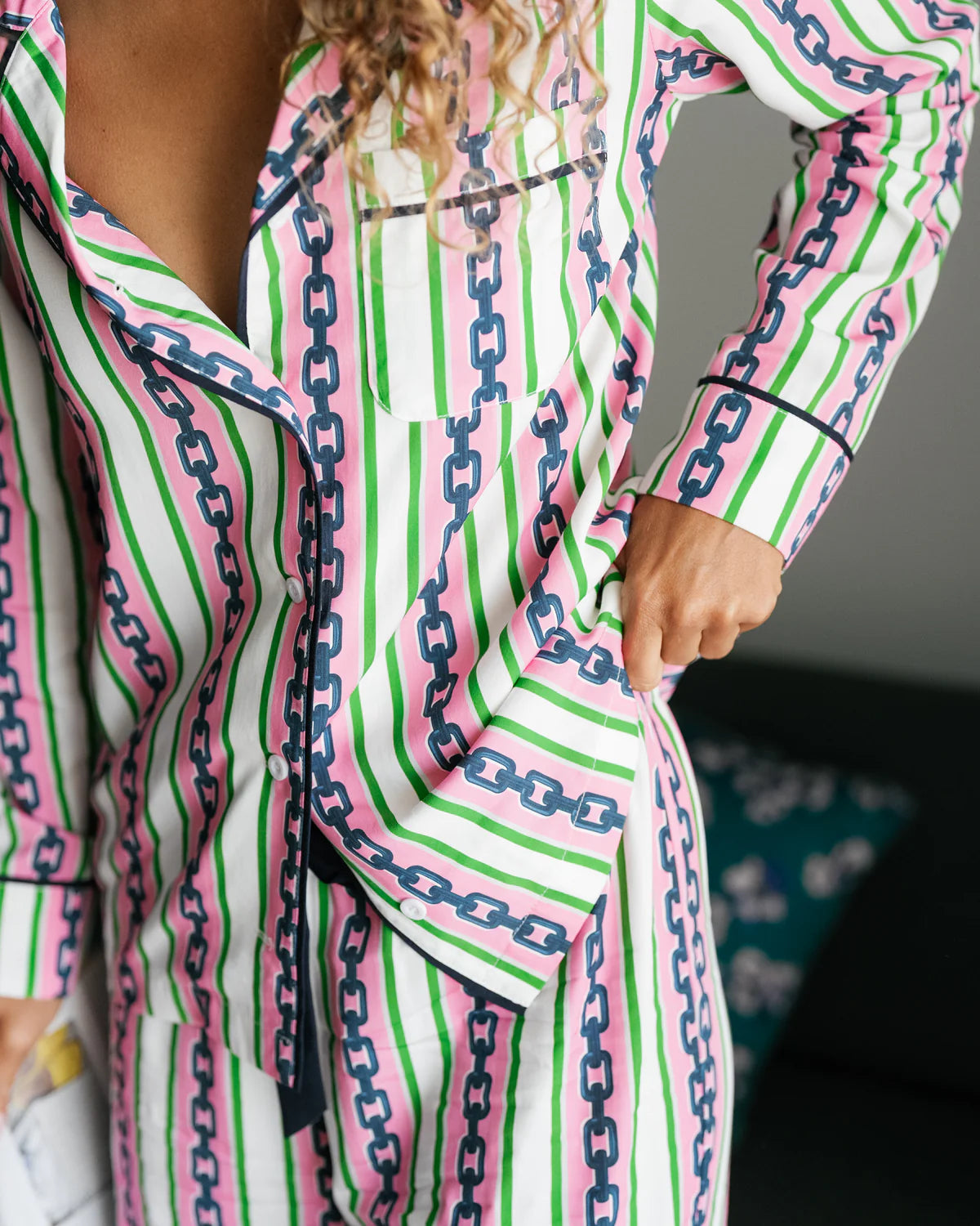 Pink & Green Chain Stripe Long Sleeve Pajama Pants Set