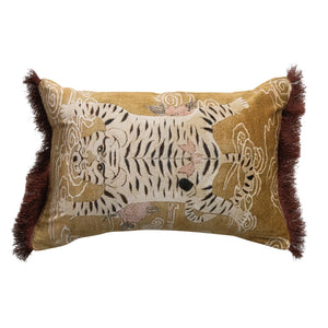 Brown Tibetan Tiger & Fringe Lumbar Pillow