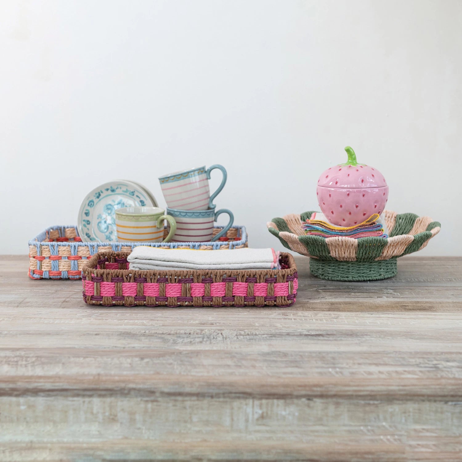 Green & White Striped Woven Footed Bowl
