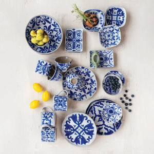 Blue & White Hand-Painted Footed Dish