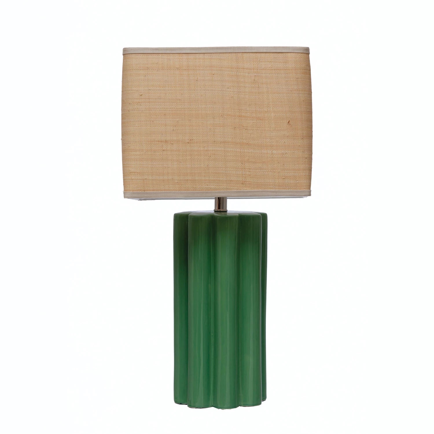 Green Fluted Lamp with Raffia Shade