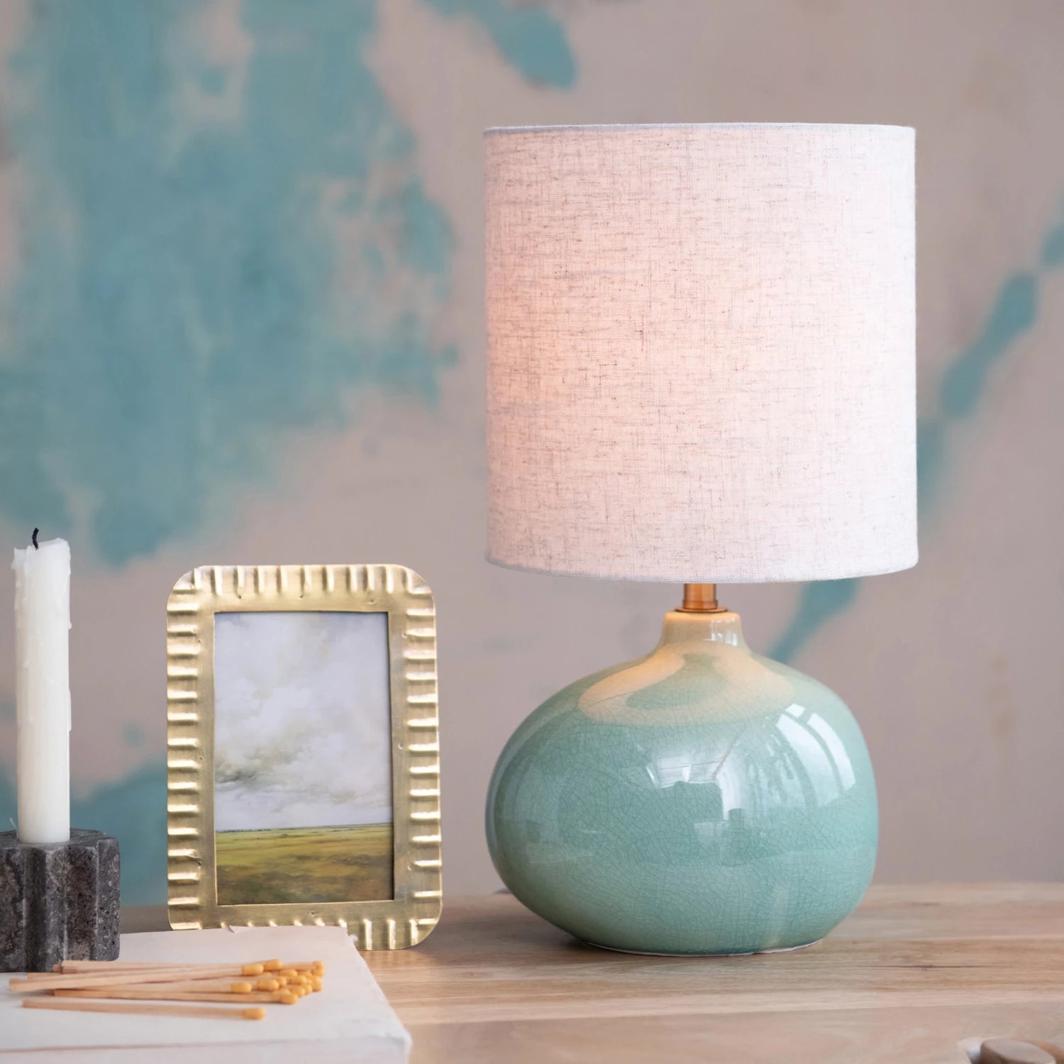 Aqua Crackle Glaze Table Lamp with Linen Shade