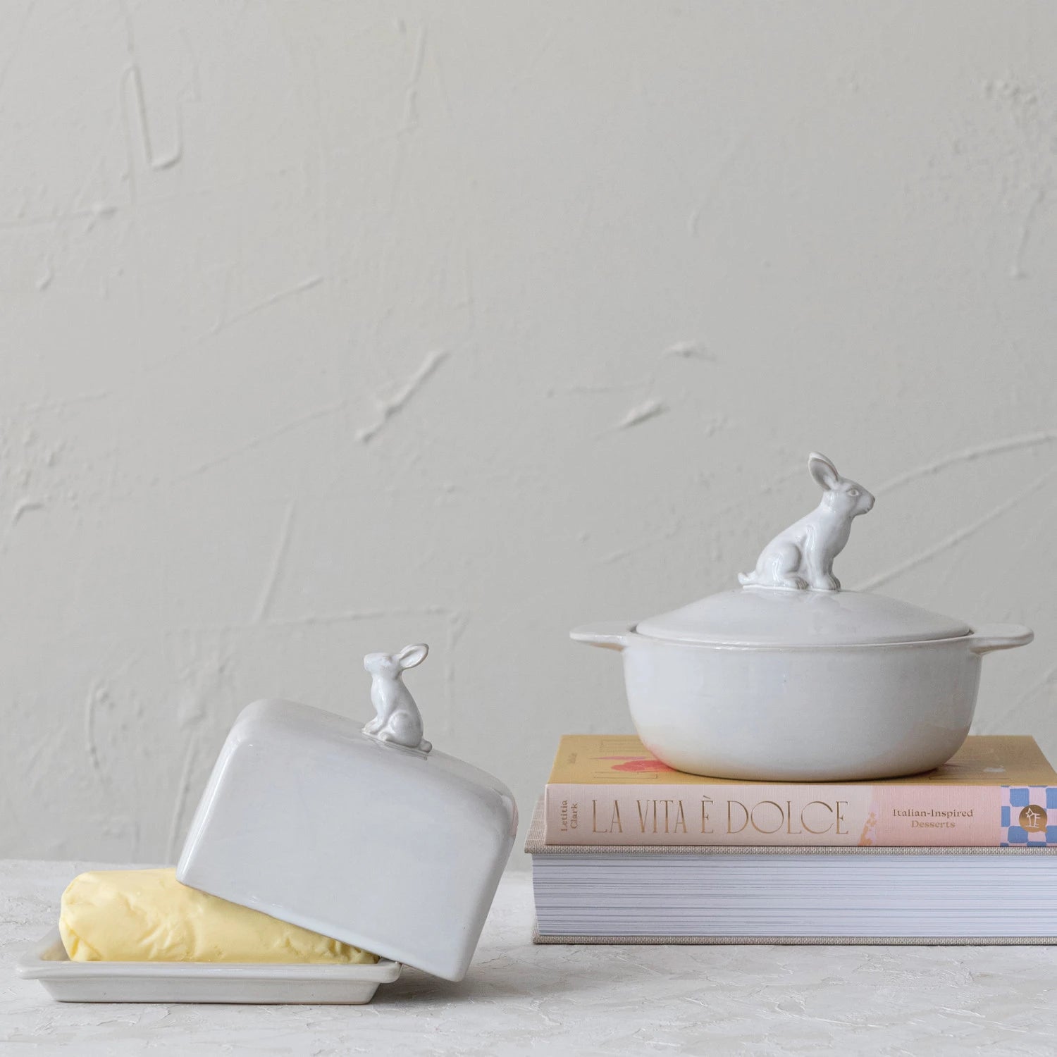 White Stoneware Baker w/ Rabbit Finial
