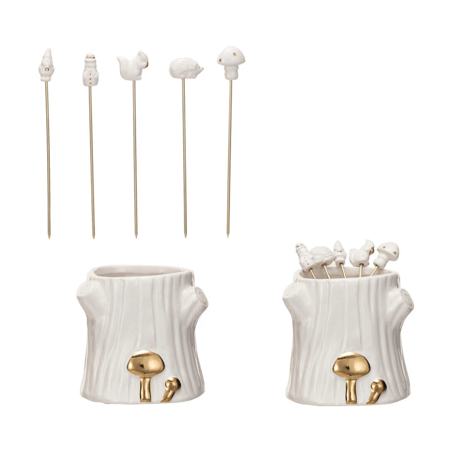 Ceramic & stainless steel appetizer picks w/ ceramic holder set