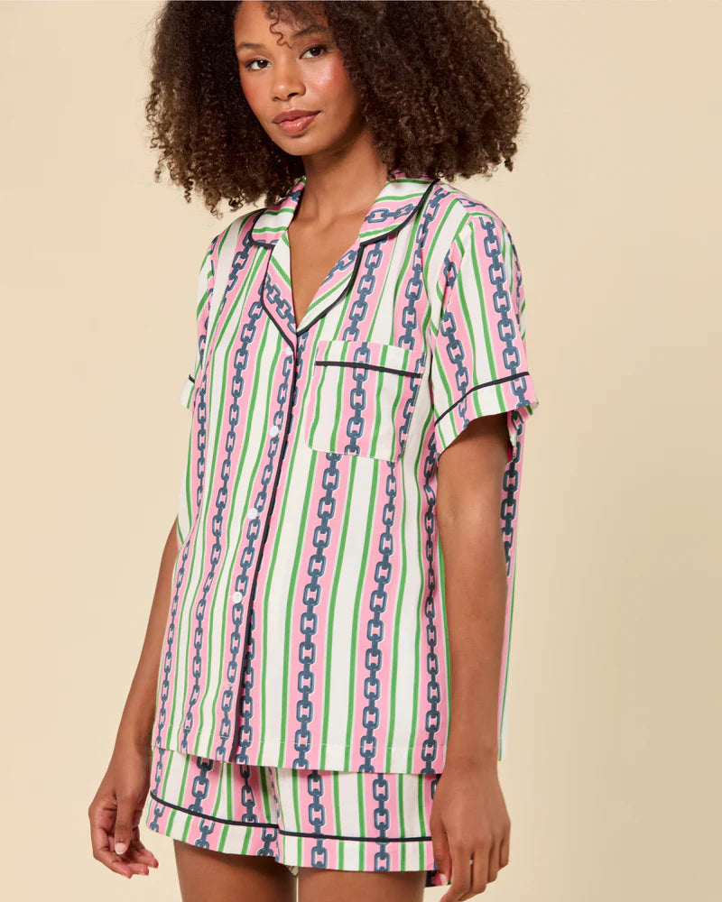 Pink & Green Chain Stripe Pajama Shorts Set