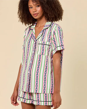 Pink & Green Chain Stripe Pajama Shorts Set