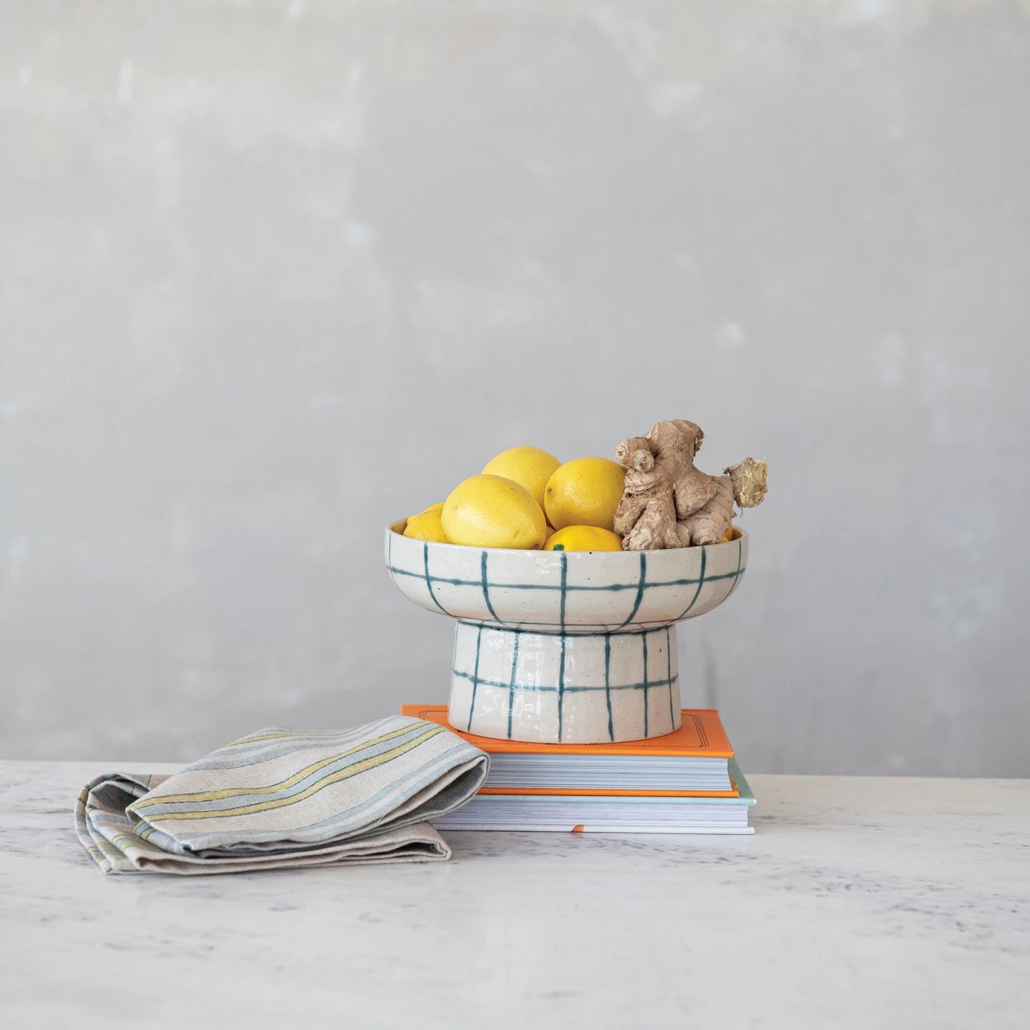Grid Stoneware Pedestal Bowl
