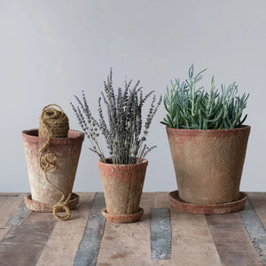 Distressed Terra-Cotta Cement Planter & Saucer
