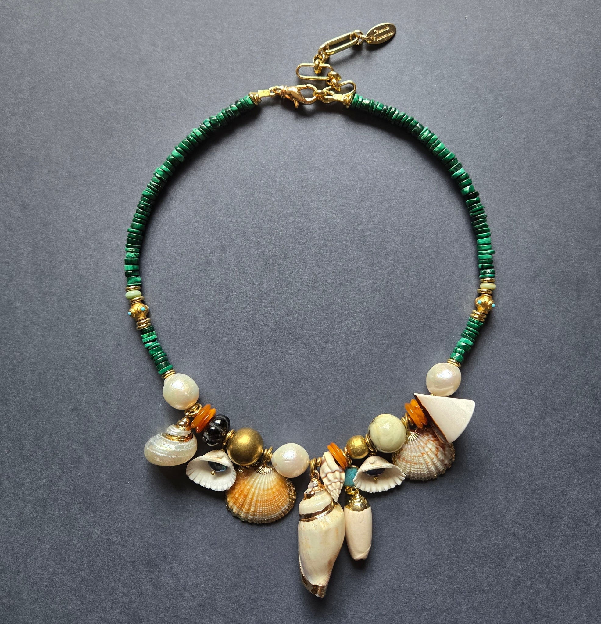 Ancient Amber & Malachite Shell Necklace
