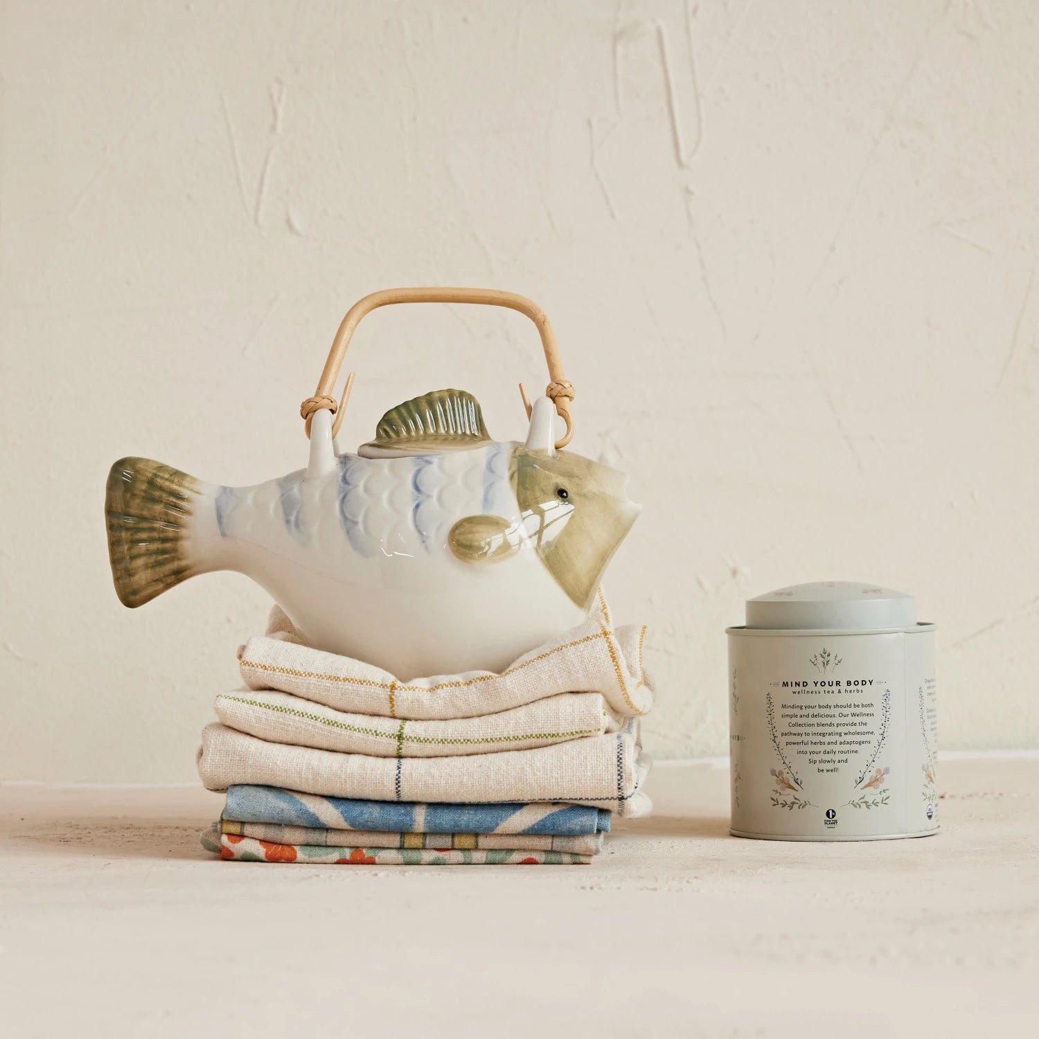 Fish Hand-Painted Teapot with Strainer & Handle