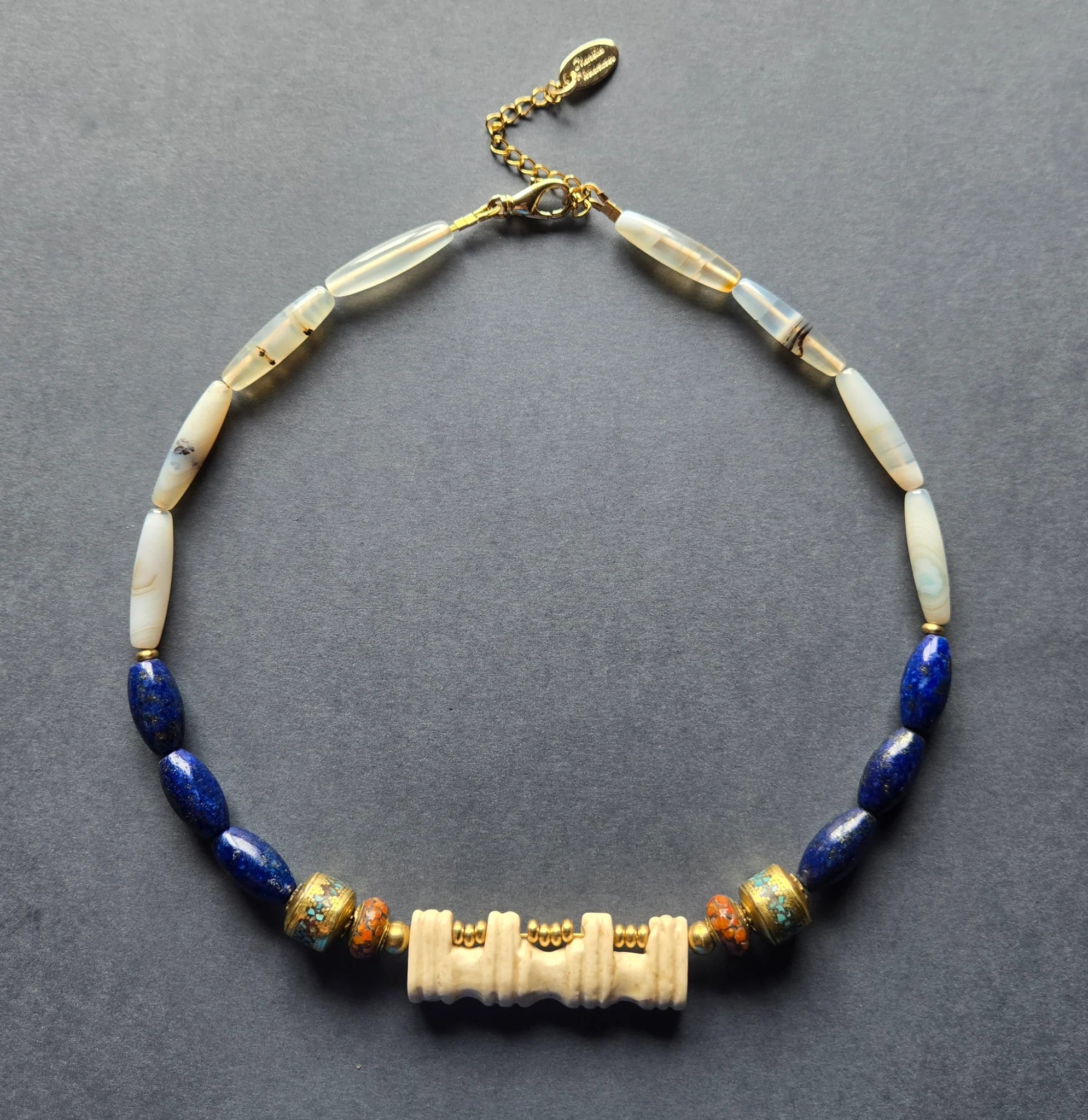 Carved Stone Amulet & Lapis Beaded Necklace