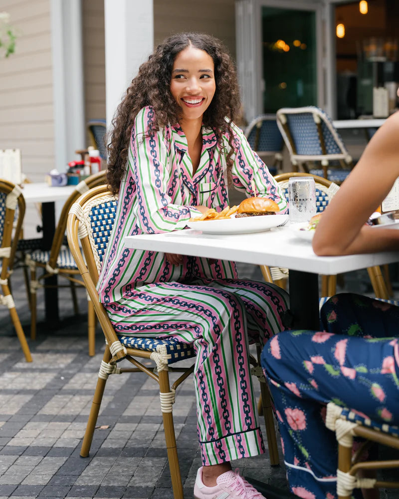Pink & Green Chain Stripe Long Sleeve Pajama Pants Set