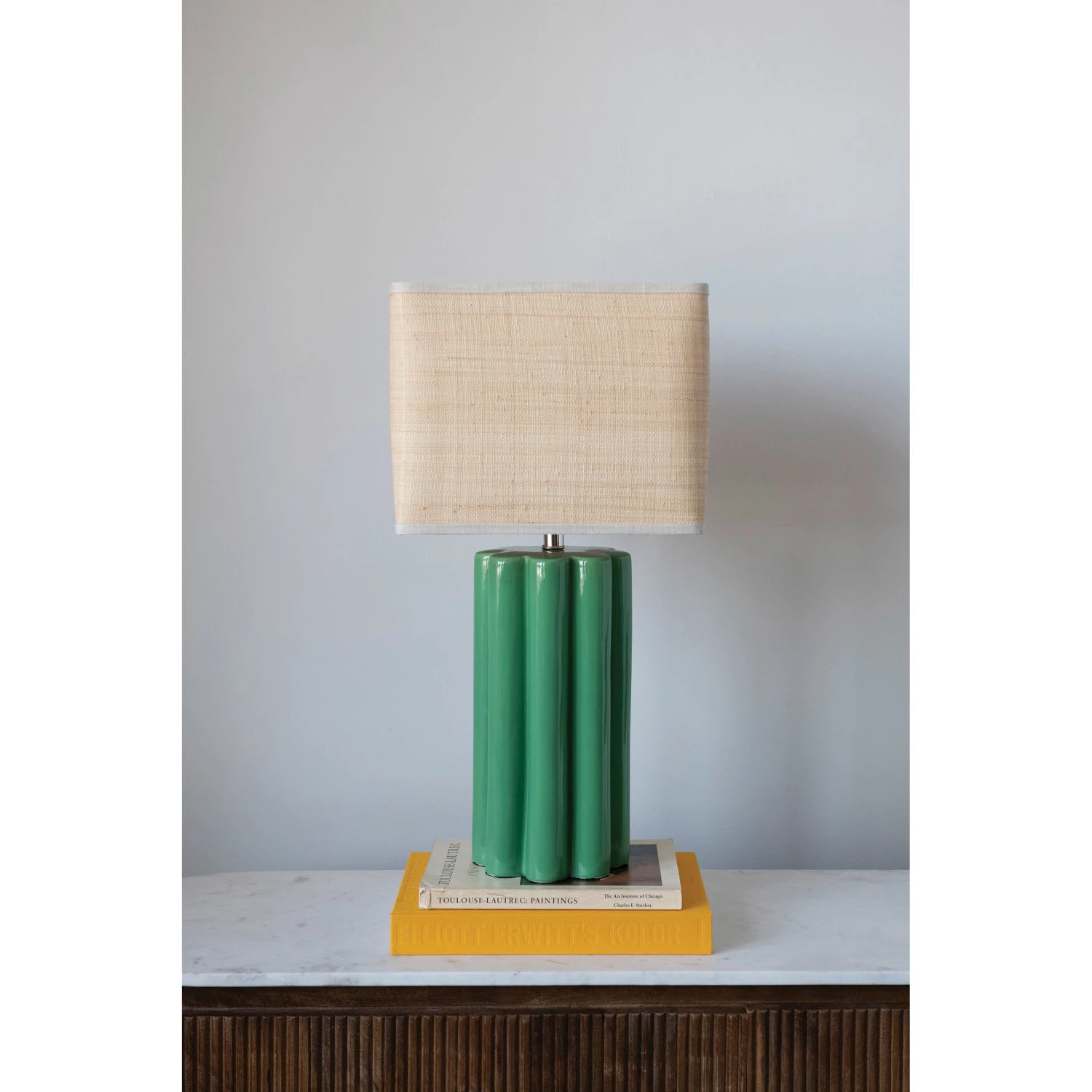 Green Fluted Lamp with Raffia Shade