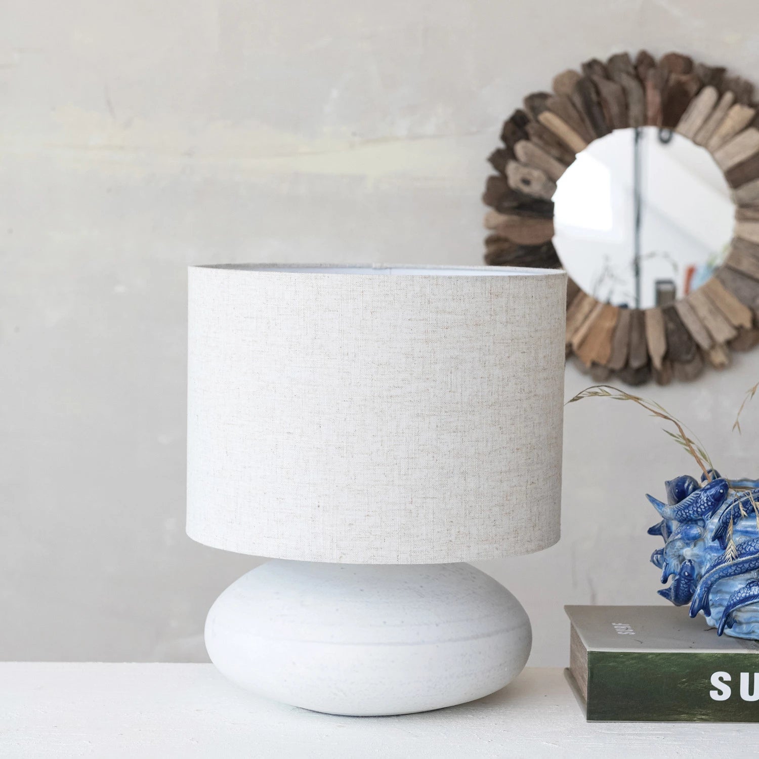 White Stoneware Table Lamp with Linen Shade
