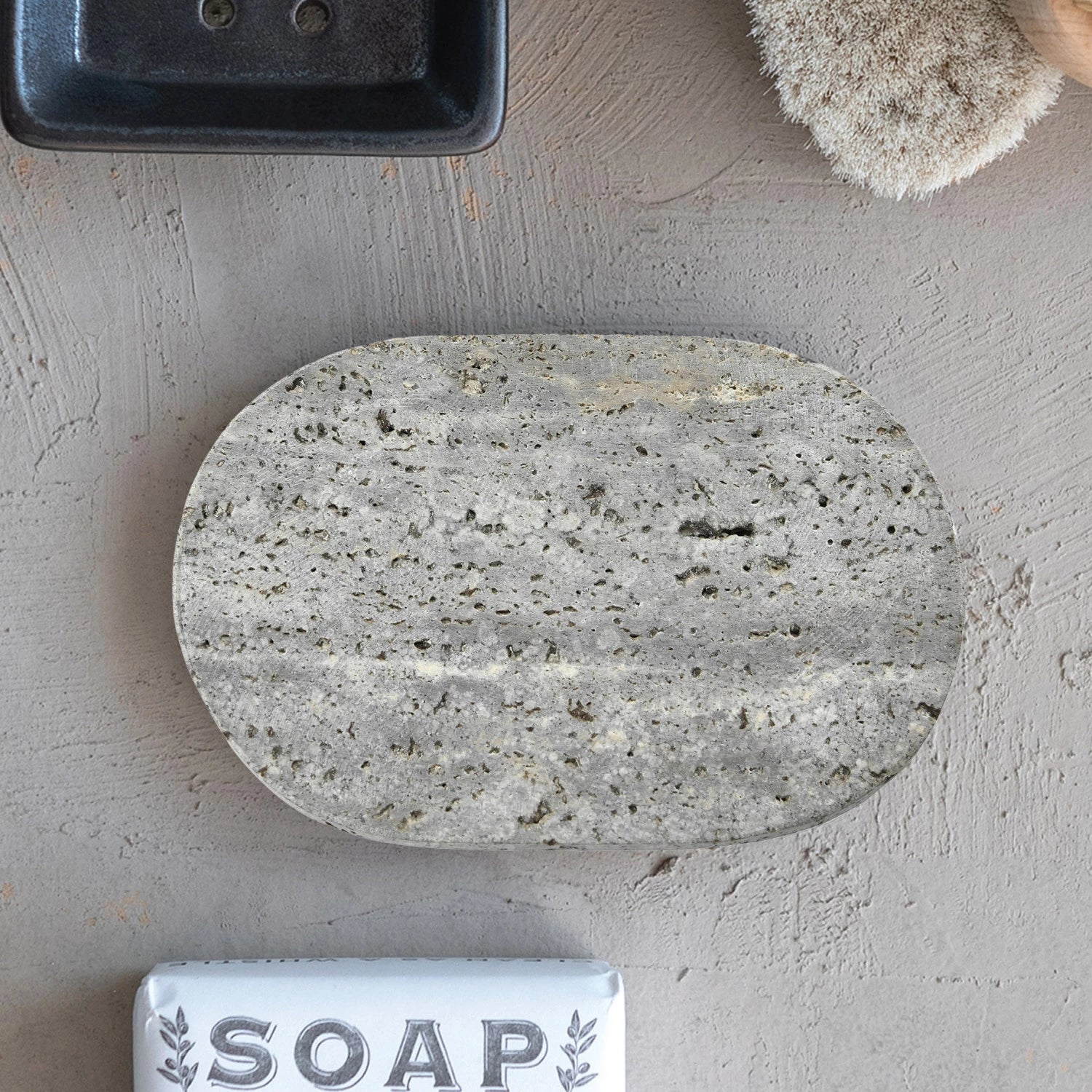 Grey Oval Travertine Soap Dish