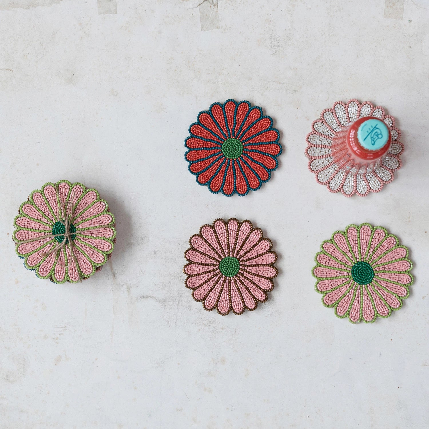 Glass Beaded Flower Shaped Coasters - Set of 4