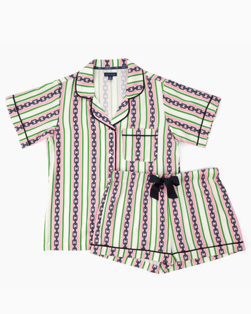 Pink & Green Chain Stripe Pajama Shorts Set