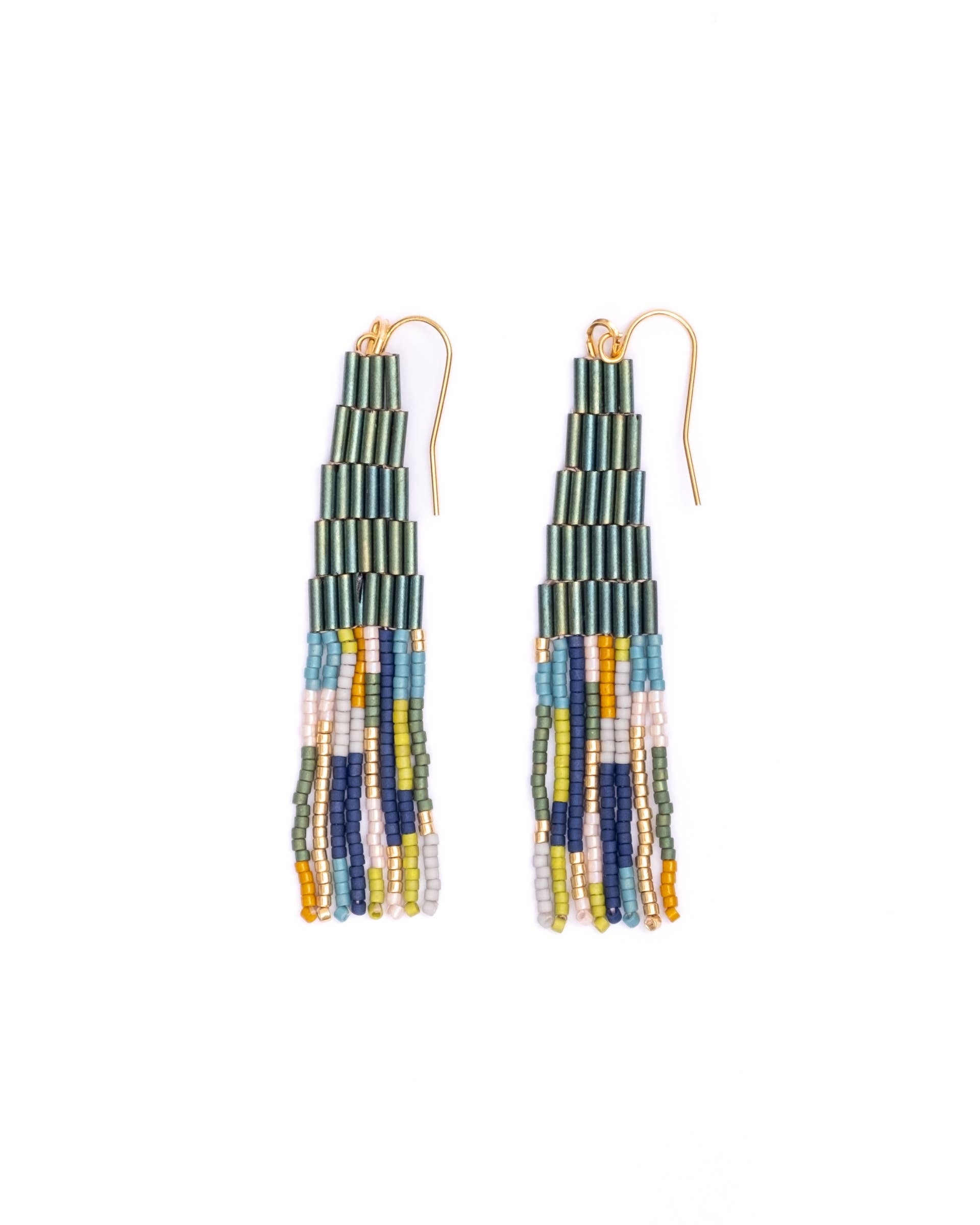 Beaded Handwoven Abstract Fringe Earrings - Emerald