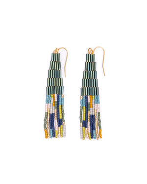 Beaded Handwoven Abstract Fringe Earrings - Emerald