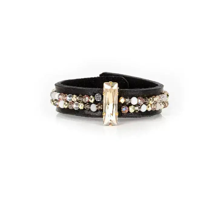 Black Leather Cuff with Champagne Crystal Bar