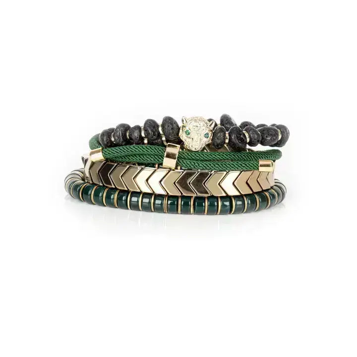 Emerald Panther Stack Gold &amp; Lava Stone Bracelet Set