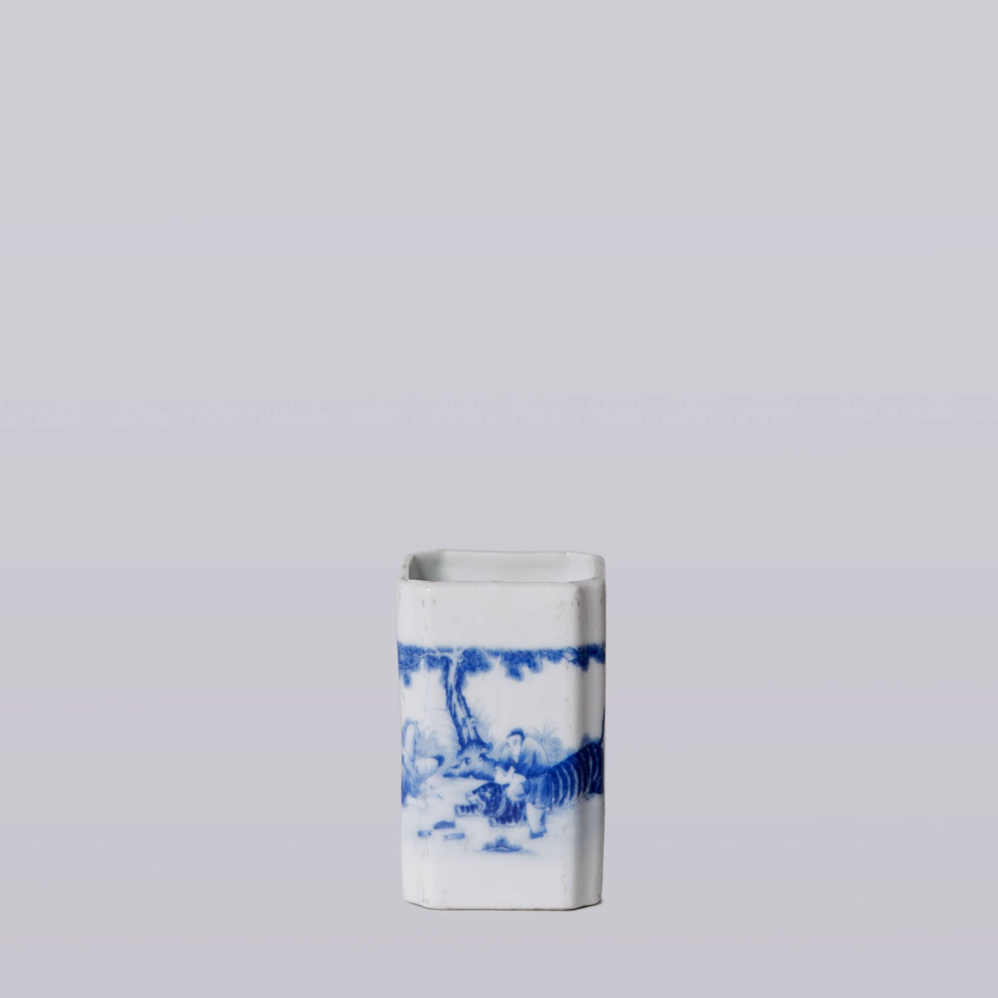 1920s Blue &amp; White Porcelain Tiger Square Vase