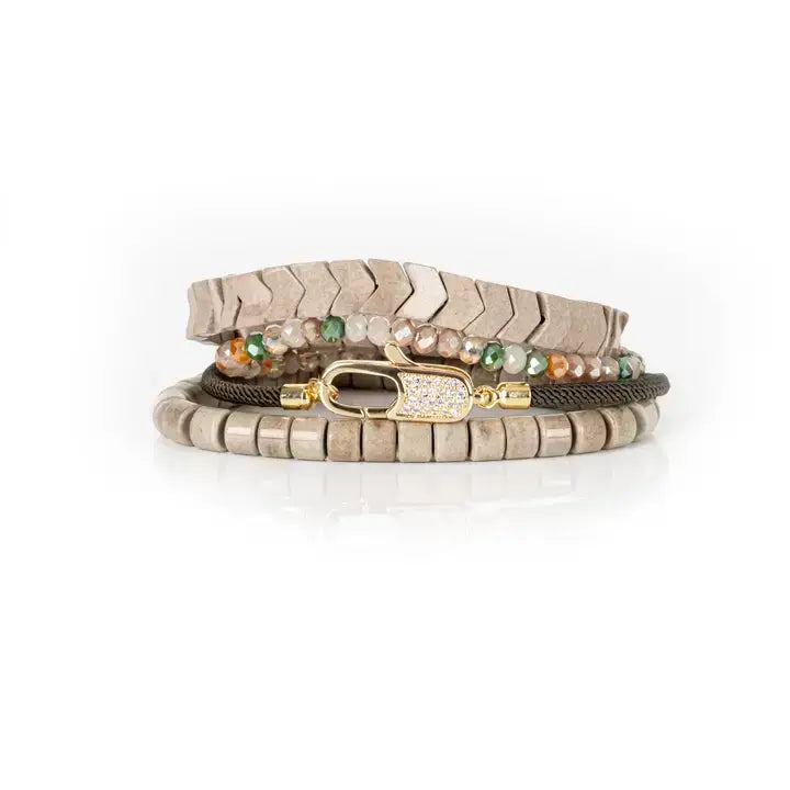 Pavé Lock Multi-Layer Beaded Bracelet Stack Sand &amp; Olive