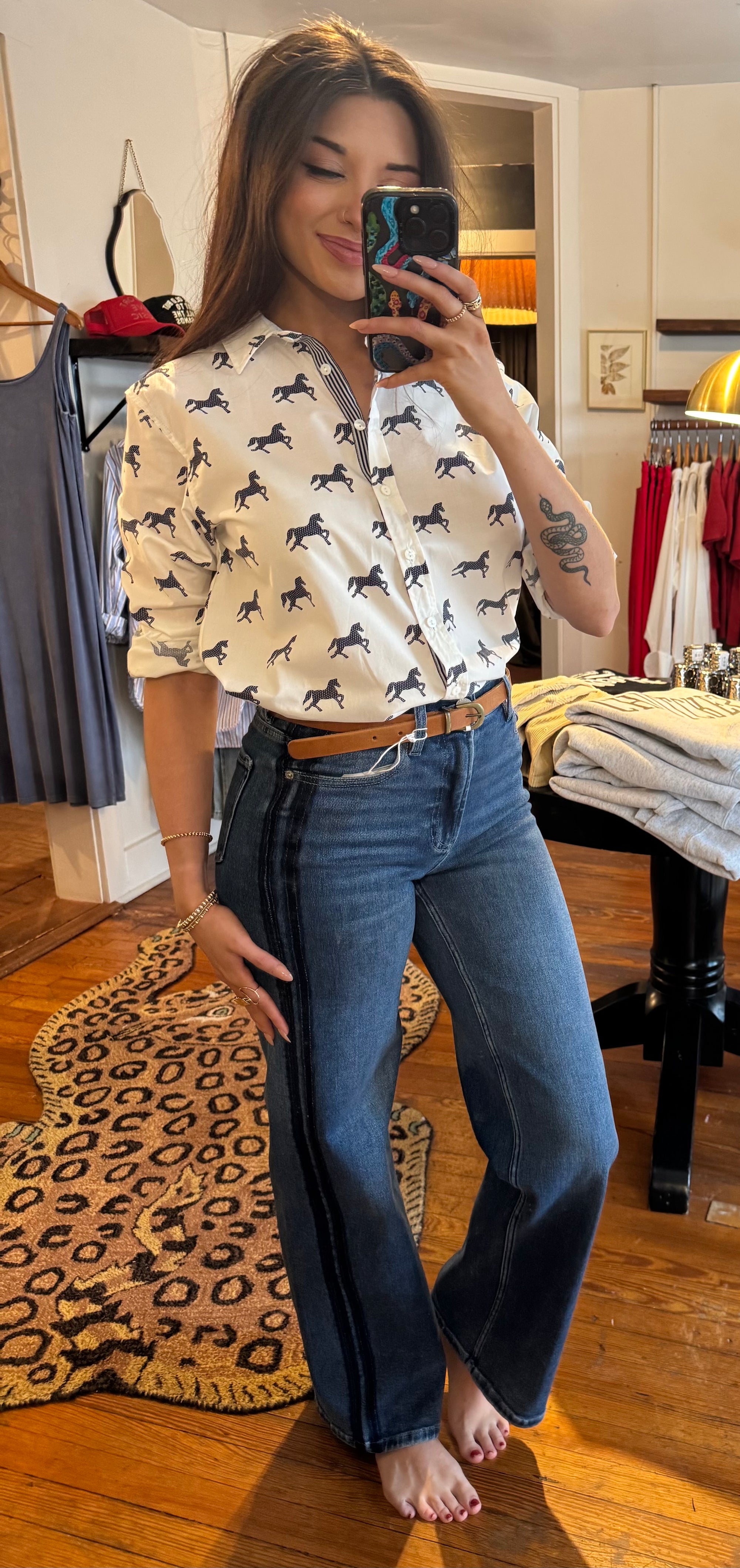 White &amp; Navy Pony Elodie Shirt