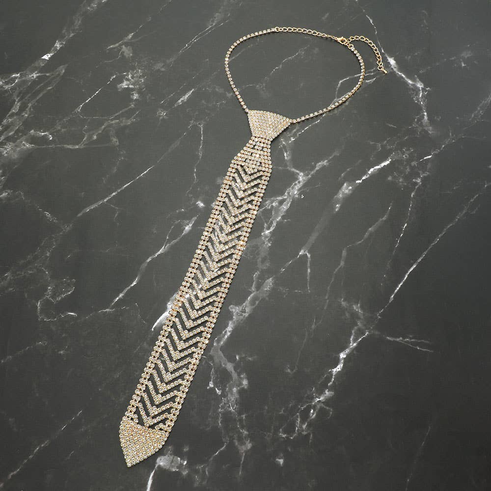 Rhinestone Studded Chevron Neck Tie Necklace