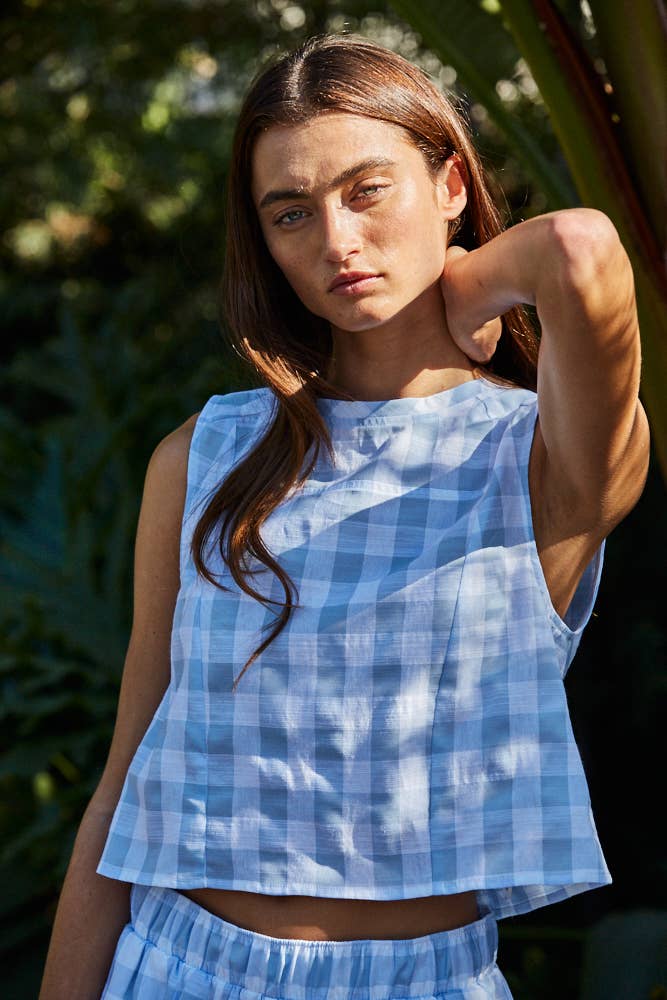 Woven Linen Gingham Sleeveless Top