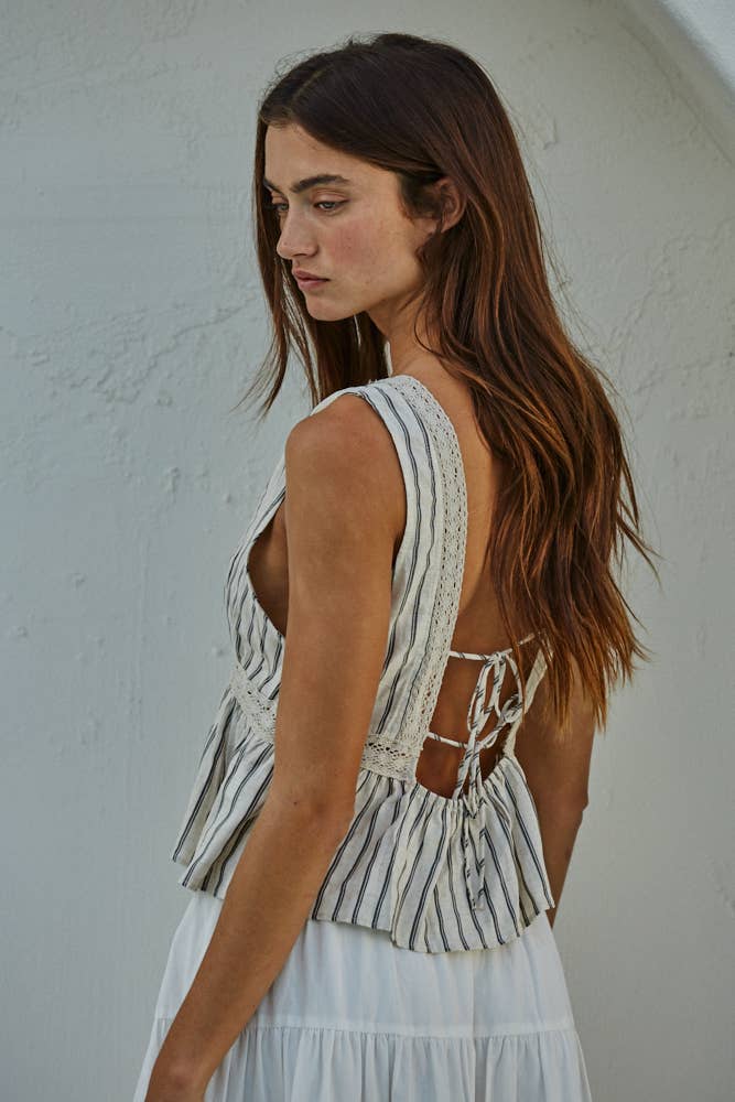 Woven Linen Striped V-Neck Top