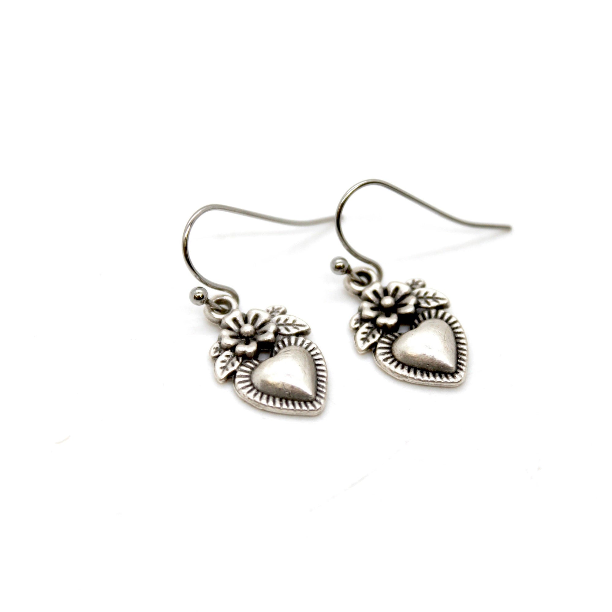 Mini Silver Heart Flower Charm Earrings