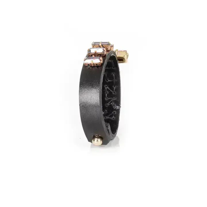 Handcrafted Black Leather Cuff with Blush Baguette Crystals