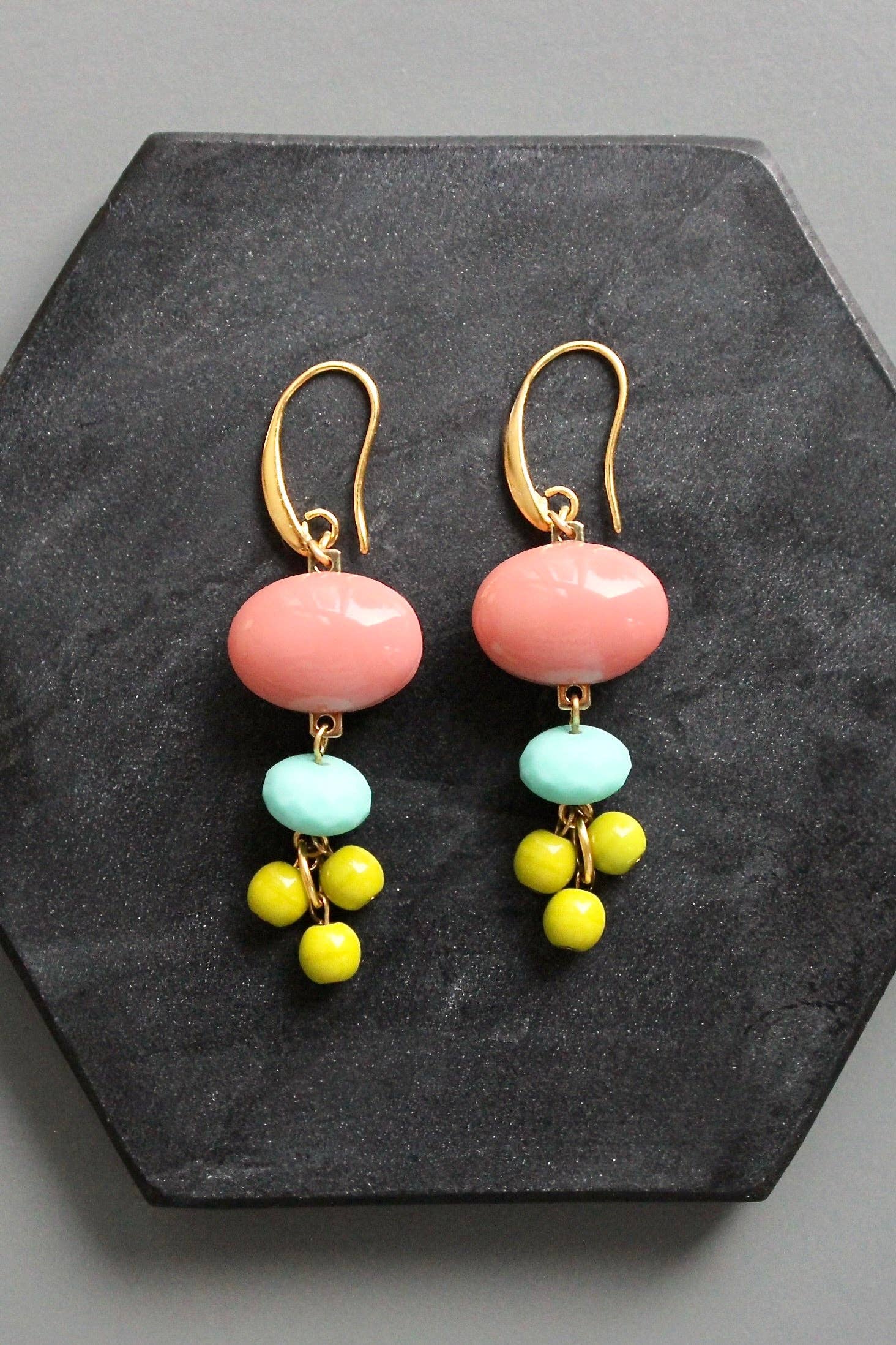Vintage Coral & Chartreuse Glass Earrings