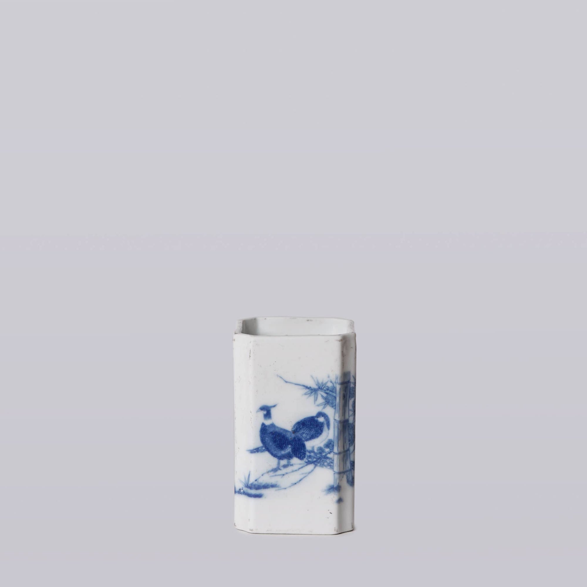 1920s Blue &amp; White Porcelain Pheasant Square Vase